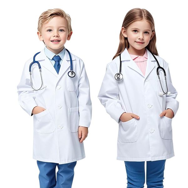 AUYAO Laborkittel für Kinder Wissenschaftler Kostüm Weiß Laborkittel Arztkittel mit knöpfen und Tasche Kinder Doktor Kostüm Medizin Labormantel Kittel Chemie für Jungen Mädchen Studenten Halloween XL