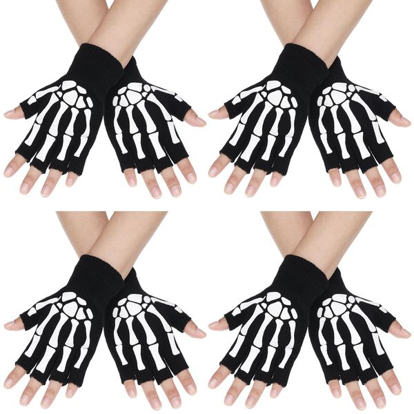 SATINIOR 4 Pairs Skeleton Fingerless Gloves for Women Men Halloween Costume Unisex Skeleton Gloves Skull Goth Bones Half Finger Gloves Winter Knitted Stretchy Black Fingerless Gloves