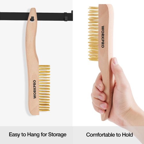 WORKPRO Wire Brush Set, 6 Pcs Brass/Stainless Steel Wire Scratch Brush Set, Small Large Size with Beechwood Handle for Cleaning Rust, Paint and Welding Slag