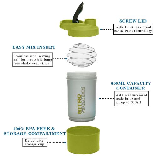 Set of 2 - 600 ML Plastic BPA Free Protien Shaker Bottle with Storage Compartment for Protein Powder Supplements Measurement Scale Steel Mixing Ball Leak Proof Flip Cap Screw Lid (Blue & Green)