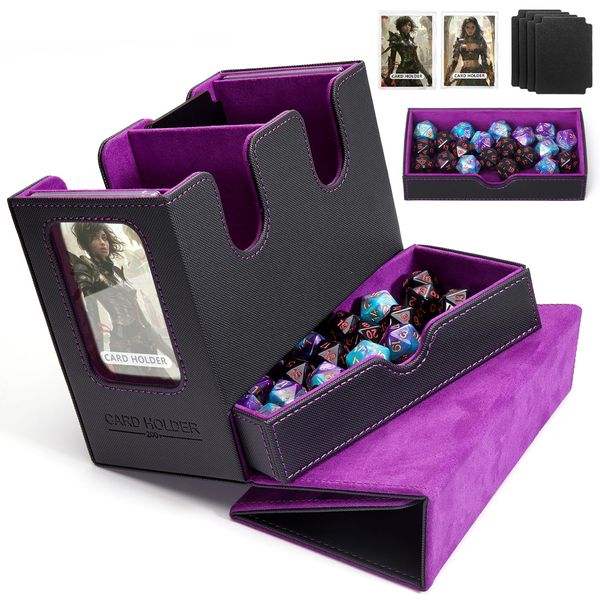 DaluRunhe Mtg deck box for Commander Deck Box with Dice Tray Fits 230 Cards, 4 in 1 for Magic TCG CCG Deck Card Boxes Case Storage, Includes 4 Dividers Trading Deck Box, Black/Purple