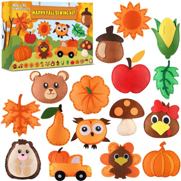 16 Sets Thanksgiving Sewing Kit Fall DIY Stuffed Craft Kit Fall Pumpkin DIY Sewing Set for Kids Thanksgiving Felt Ornaments Decorations for Beginners Educational Craft Toys Gifts for Boys Girls