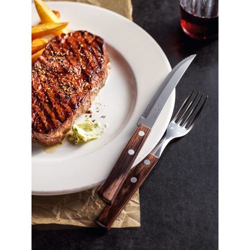 Tramontina Cutlery Set with Steak Knives, 8 Piece Sharp Knife and Fork Set with Wooden Handles, ‎Camping, Kitchen, Rustic, Dishwasher Safe, 29899296