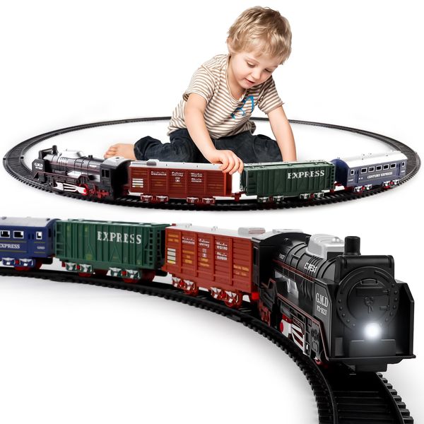 deAO Christmas Train Set Toys for Kids, Toy Train Track Locomotive Engine Battery Powered Railway Kits with Road Signs and Tracks