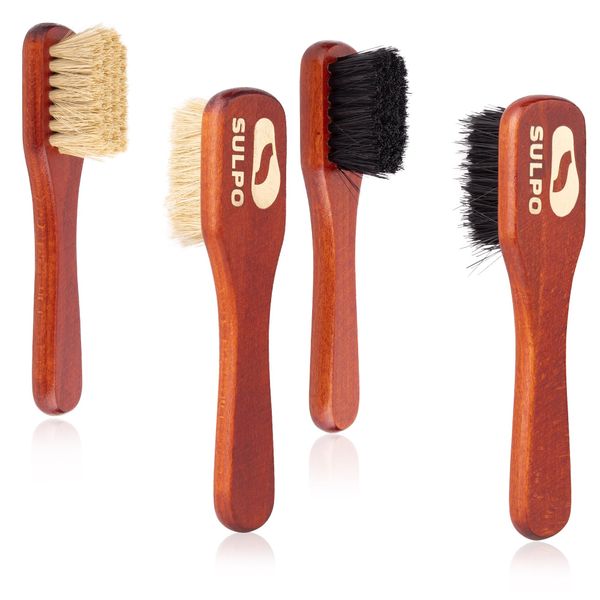 SULPO Cream Brush Pot Brush Shoe Brush - Soft Brush - Leather Brush Dirt Brush for Leather Shoes - 4 Piece Set - 2 Black and 2 Natural - Shoe Care