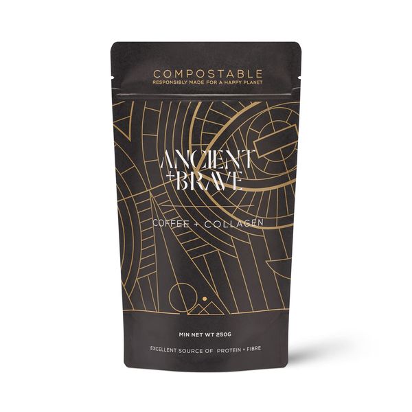 Ancient + Brave Coffee + Collagen Powder 250g - Organic Brazilian Ground Coffee with Grass-Fed Hydrolysed Bovine Collagen - Premium Blend of Organic Cacao, Ashwagandha & Baobab - High Protein, Keto