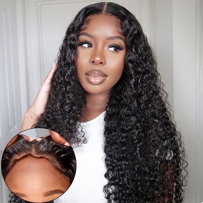 Yuzhou Grace 5x5 HD Lace Closure Wigs Human Hair Glueless Wigs Human Hair Pre Plucked Pre Cut Wear and Go Deep Wave Curly Glueless Wig Human Hair 180 Density with Baby Hair Natural Hairline(26 inch)