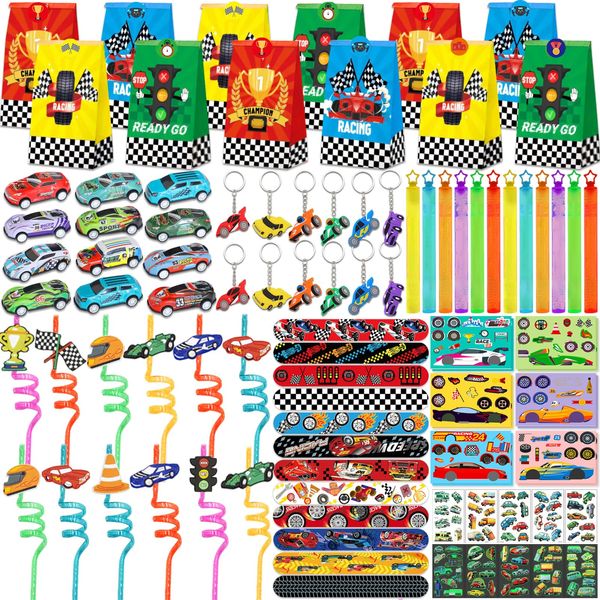 96Pcs Race Car Party Favors, Race Car Birthday Party Supplies Include Mini Race Cars Bubble Wands Straw Slap Bracelet DIY Stickers Tattoo Stickers Car Bags for Kids Race Car Themed Decorations