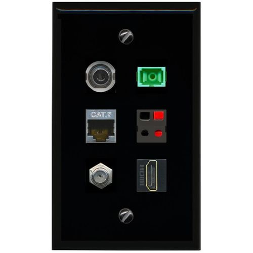 RiteAV 3.5mm CAT7 Coax HDMI SC APC Simplex Fiber Speaker Flat/Solid Wall Plate [Black]