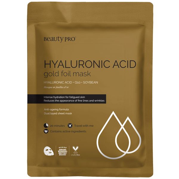 BEAUTYPRO HYALURONIC ACID Gold Foil Sheet Mask with Hyaluronic Acid, Q10, & Soybean | Deeply Moisturising & Powerfully Anti-Aging | Face Masks Beauty |