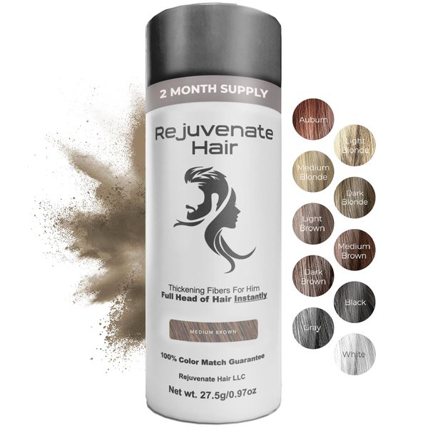 REJUVENATE Hair Fibers for Thinning Hair (Medium Brown), Undetectable Hair Powder for Men & 100% Natural Hair Building Fibers - Conceals Hair Loss - Bald Spot Cover Up Hair Powder, 2 Month Supply