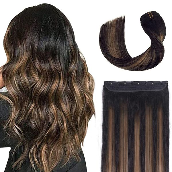 Winsky Hair Extensions Real Human Hair - One Piece Black Balayage Remy Hair Extensions Clip on 70gram for Women (16inch, 1BT6P1B)