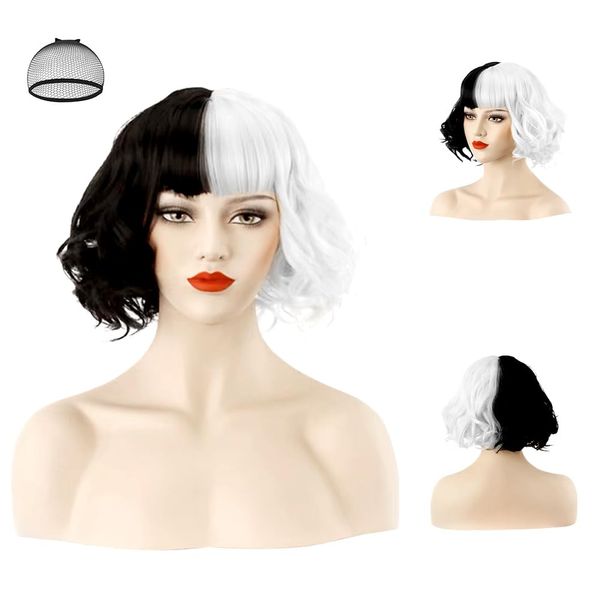 Aomig Black and White Wig, Halloween Christmas Medium Long Curly Wavy Wig, Half Black Half White Wig, Women Cosplay Carnival Party Costume with Hairnet Long Red Gloves Costume Stick Pearl Necklace