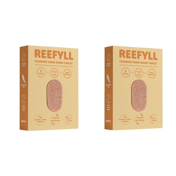 Reefyll Foaming Hand Soap 5 Refill Tablets, Dissolvable Plastic Free Hand Wash Pods, Just Add Water to Transform to Velvety Foam, Juicy Orange Scent Duo Pack