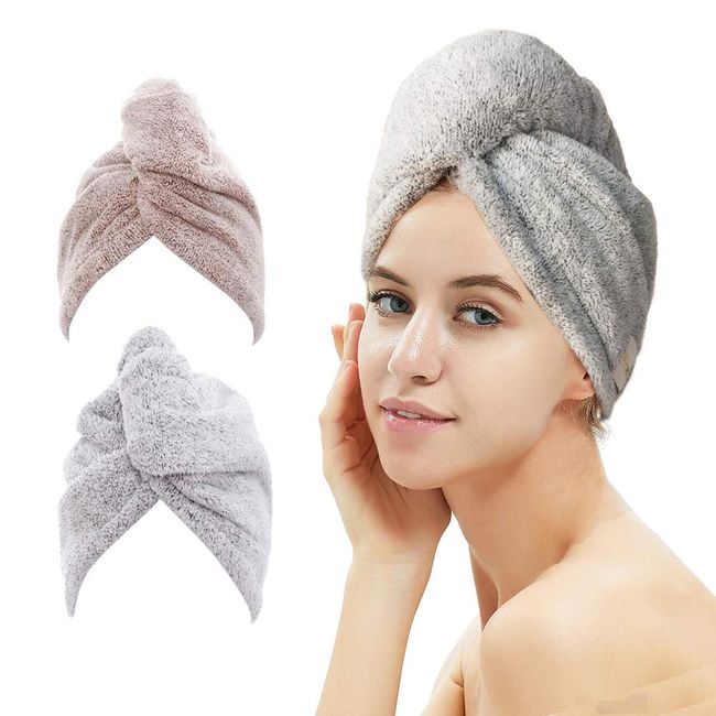 M-bestl Hair Towels, 2 Pack Quick Dry Towel with Buttons, Bamboo Fiber Material Hair Towels, Dry Hair Faster 2 Pack (Star Grey & Star Pink)