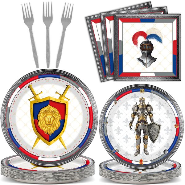 96 Piece Medieval Party Decorations Castle Birthday Paper Plates and Napkins Knights Party Birthday Supplies Favors for Boys and Girls, Medieval Party Decor Serves 24