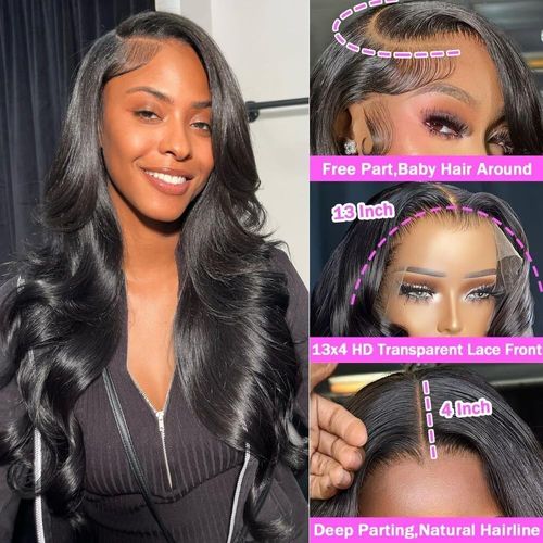 24 Inch Real Hair Wig, Human Hair Wig, 13 x 4 (33 x 10 cm), Body Wave HD Transparent Lace Front Wig, Human Hair for Black Women, Glueless Wig, Human Hair, Pre Plucked with Baby Hair, Lace Frontal Wig