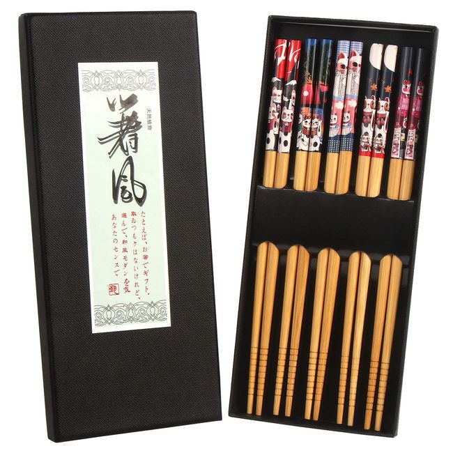 SULOLI Bamboo Chopsticks - Premium 5-Pack Japanese Reusable Chopsticks with Fortune Cat Print - Natural Food-Grade Chop Sticks for Sushi, Asian Dishes