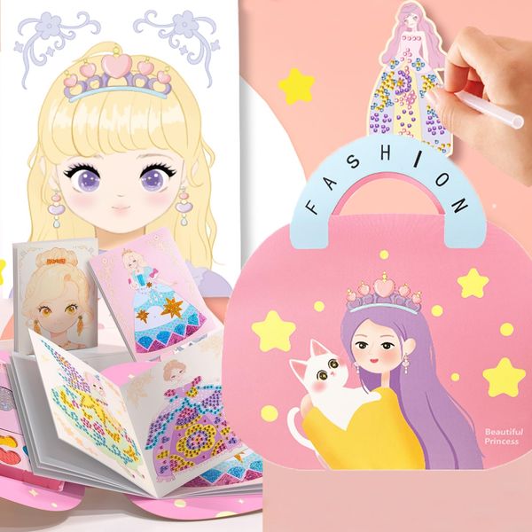 ULIONTAC 4 in 1 Makeup Book Sticker Making Kit DIY Foil Paper Craft Princess Fun Game Kit Diamond Painting Dress up Combination Present for Unisex