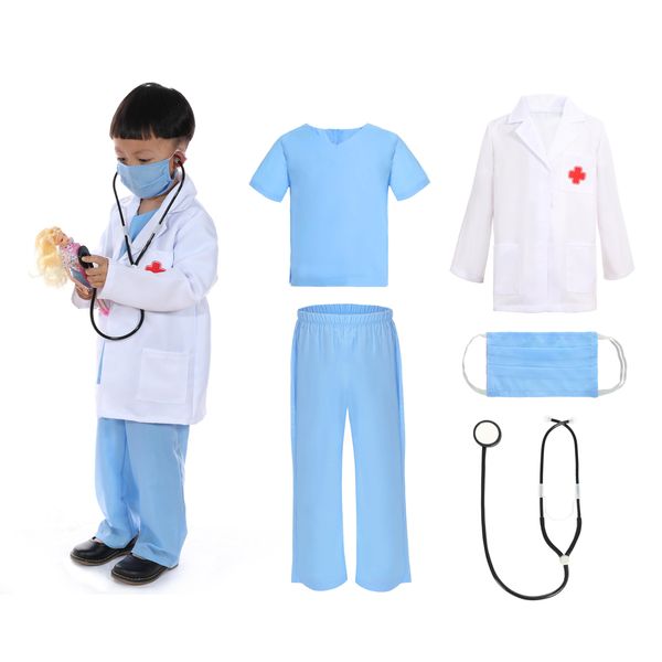 Leadtex- Pretend Play Doctor Costume for Kids,Dress up Role Play Doctor Clothing with top,Pants,mask,Coat and stethoscopes.(Blue,5-6)