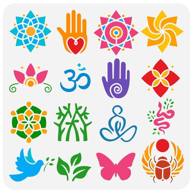 FINGERINSPIRE Buddhist Symbols Stencil for Painting 11.8x11.8 inch Large Geometric Patterns Drawing Template Hand Snake Doves Butterfly Stencil Animal Plant Template Symbol Theme Stencil for DIY