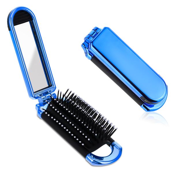 Mini Travel Hair Brush, Small Foldable Hairbrush Compact Hair Brush with Mirror and Round Tip Nylon Bristles for Women and Men, Portable Pocket Size Comb for Car Gym Bag Purse (Electroplating Blue)