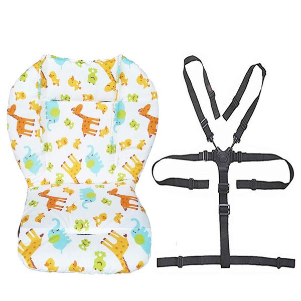 Baby High Chair Seat Cushion Liner Mat Pad Cover and High Chair Straps (5 Point Harness) 1 Suit (Animal)