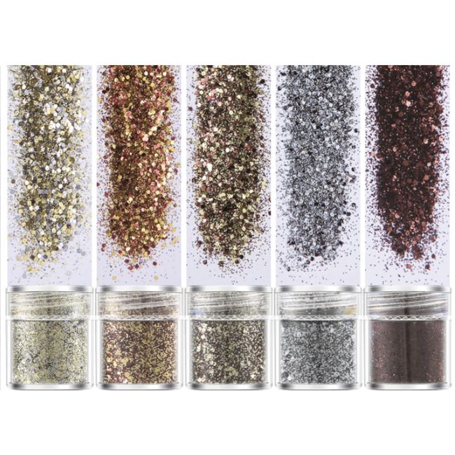 Kingsie Glitter in Containers, Sparkly Nail Parts, Nail Art, Glitter Powder, Face, Body, Hair Ornament, Christmas Party, Set of 5 (Coffee)