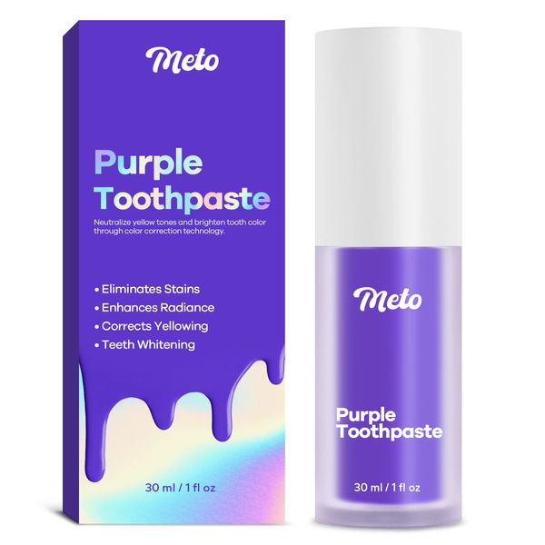 Meto Purple Toothpaste for Teeth Whitening (1 Fl Oz), Teeth Whitening Gel, Purple Toothpaste, Purple Teeth Whitening, Color Corrector Purple Toothpaste, Whitening Toothpaste for Tooth Stain Removal