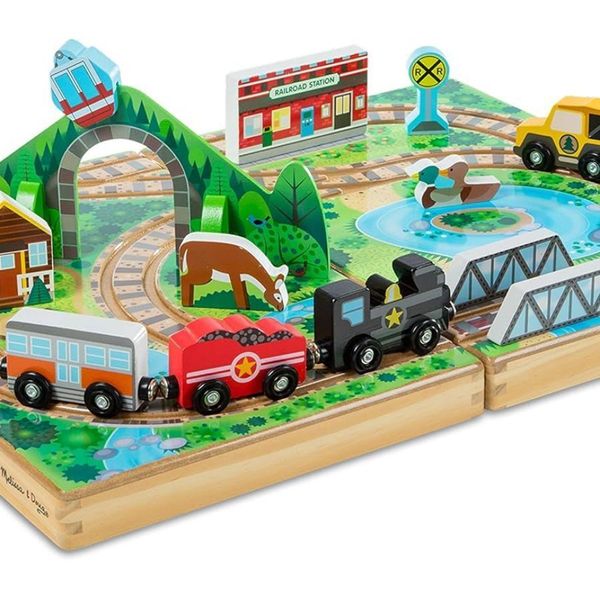 Wooden Take-Along Tabletop Railroad, 3 Trains, Truck, Play Pieces, Bridge,17 Pcs