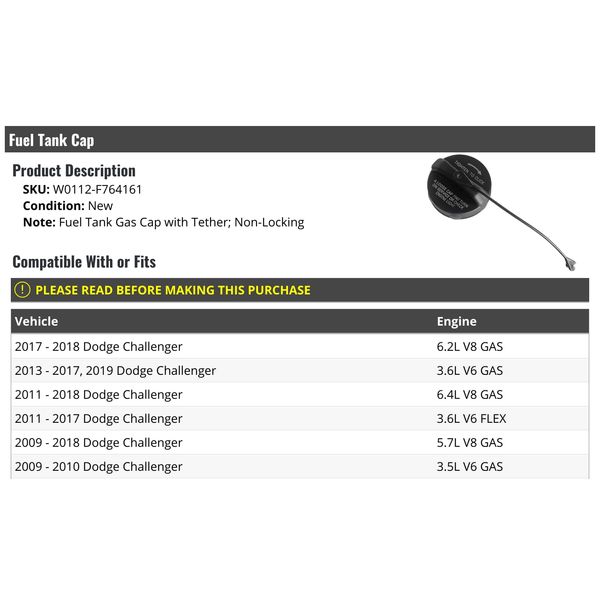 Fuel Tank Gas Cap with Tether, Non-Locking - Compatible with 2008-2019 Dodge Challenger