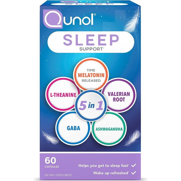 Qunol Sleep Support 5 in 1 Non-Habit Forming Sleep Aid Supplement with time...