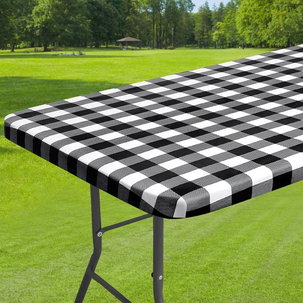 Dremisland Waterproof Rectangular TableCloth Elastic Edged Fitted Vinyl Black White Table Cover with Flannel Backing Wipeable PVC Table Protector Cover for Dinning Room Kitchen Picnic Party