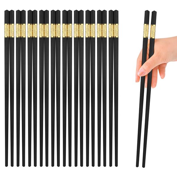 10 Pairs Premium Fiberglass Chopsticks for Sushi, Ramen, Asian Dishes, Reusable Chopstick Gift Set Dishwasher Safe, Japanese Chinese Non-Slip Chop Sticks Black and Gold Color, 9.4-Inch Length