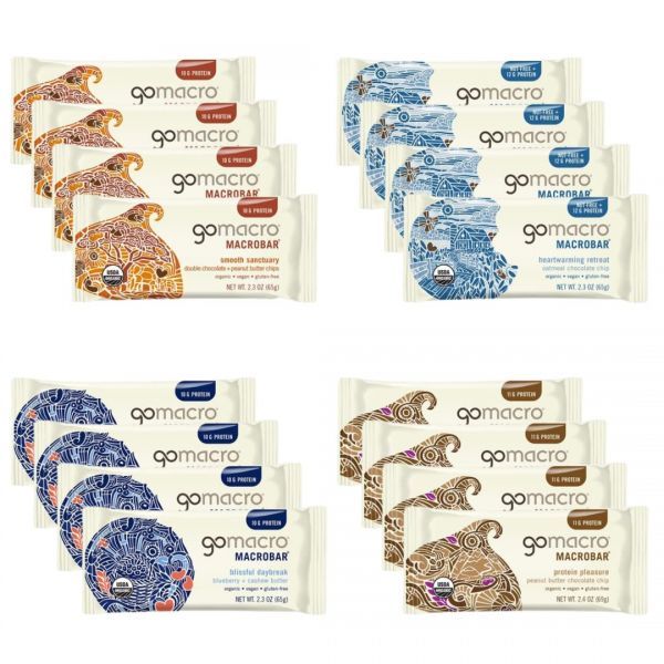 GoMacro MacroBar Organic Vegan Protein Bars Variety Pack - 2.3 oz Bars (Pack of 16)