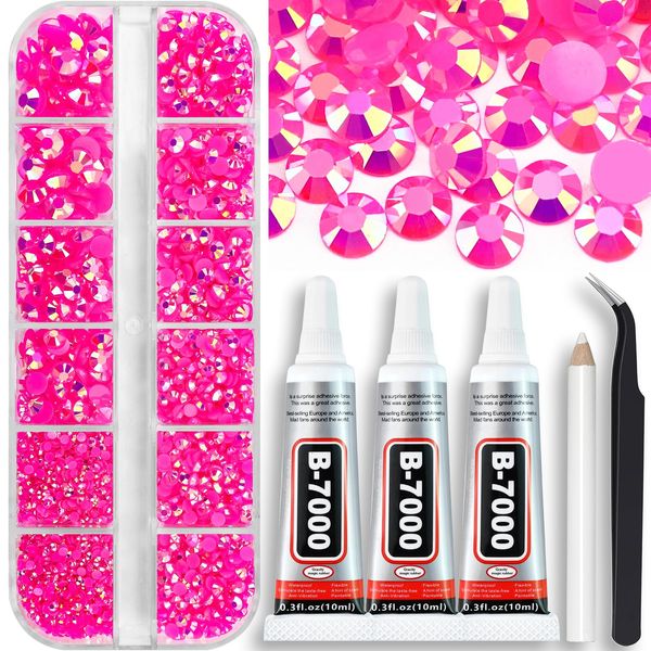 Towenm B7000 Clear Glue with 4000PCS Hot Pink AB Rhinestones for Crafts Clothing Fabric Shoes, Glue Fix Flatback Gems for Nails Face Jewelry, Mixed 5 Sizes 2mm 3mm 4mm 5mm 6mm Diamond Bejeweled Kit