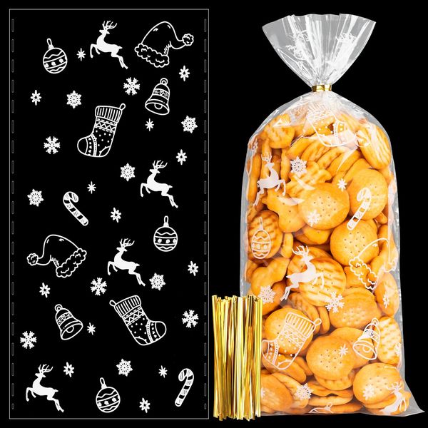Kiiwah Pack of 100 Christmas Cookie Bags, Cellophane Bags, Transparent Candy Bar, Candy Bags with Twist Ties for Sweets, Pastries, Gift, Party (Snowflake Deer)