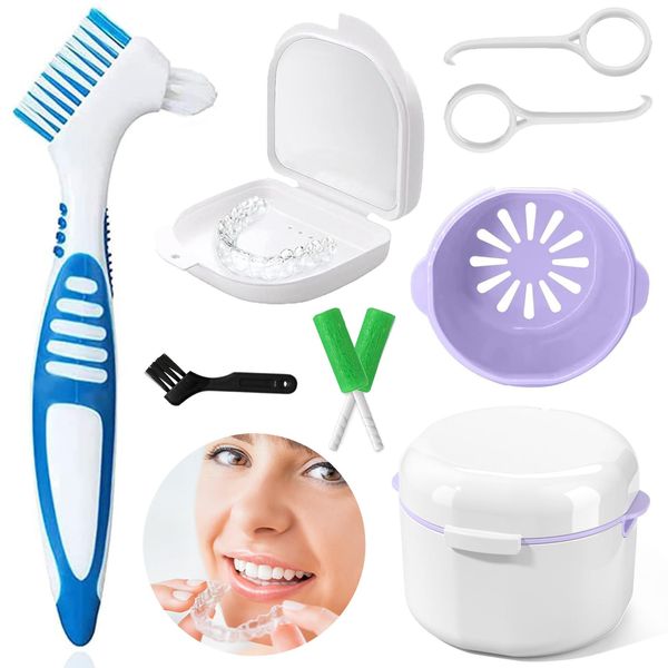 Denture Box Set, Retainer Case Denture Bath Cleaning kit, Denture Box with Mirror, with 2 Aligner Removal Tool, Chewies and Denture Brush for Braces Or Dentures Cleaning Storage for Travel