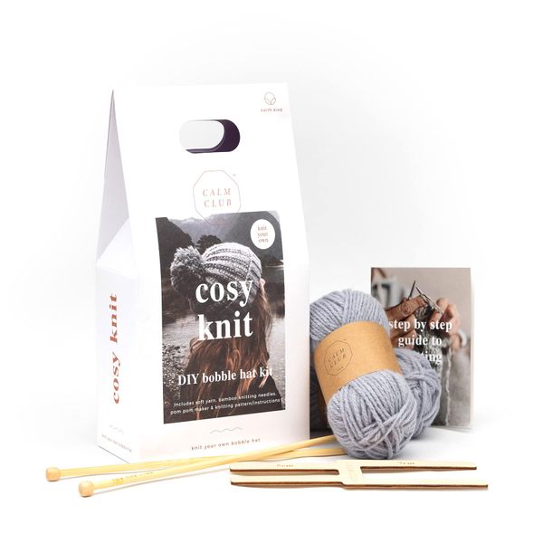 Calm Club Knitting Kit | Winter Hat Crochet Kit | Beginners Knitting Set | Includes Knitting Needles, Chunky Wool & Guide | Bobble Hat Crochet Kits For Beginners | Knitting Accessories | Crochet Gifts