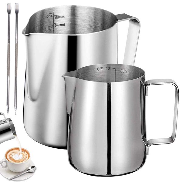 Stainless Steel Milk Jug,Tianher 2 Pcs Milk Frothing Pitcher（350ml+600ml） with 2 Pcs Measurement and Latte Decorating Art Pen for Barista Making Coffee Cappuccino and Espresso