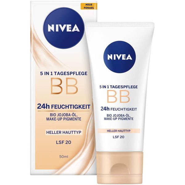 NIVEA BB 5 in 1 Day Cream 24h Moisture (50 ml), BB Cream for Light Skin Types with SPF 20, Tinted Day Cream with Organic Jojoba Oil & Makeup Pigments