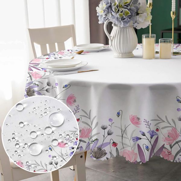 Round Tablecloth 150cm Wipeable Tablecloths, Florals Style Tablecloth Waterproof Wipeable Polyester Table Cloth Circular Table Cover for Kitchen, Dinner, Garden, Wedding, Home, Picnic Outdoor Party