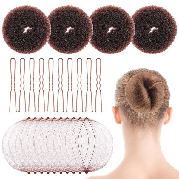 Tyqour Bun Makers for Hair Set 4 Medium Hair Donut Buns for Hair, 10 50cm Invisible Hair Nets for Buns, 10 6cm Hair Bobby Pins Bun Hair Accessories for Women Girls & Kids