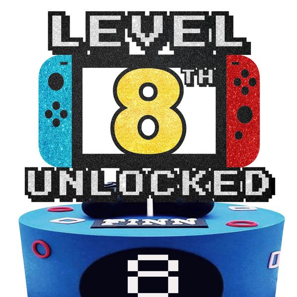 Level 8th Unlocked Cake Topper - Level 8th game Sign Theme Party Decorations 8th Birthday Level Up Cake Decorations for Video Game Themed Kids Boy Girl Party Supplies