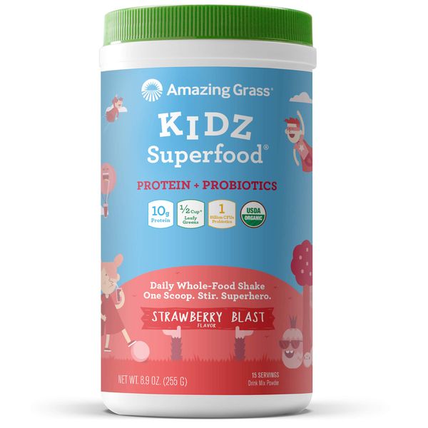 Amazing Grass Kidz Superfood: Vegan Protein & Probiotics for Kids with Beet Root Powder & 1/2 Cup of Leafy Greens, Strawberry Blast, 15 Servings