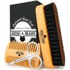 Beard Brush for Men & Beard Comb Set w/Mustache Scissors Grooming Kit, Natural Boar Bristle Brush, Dual Action Wood Comb, and Travel Bag Great for Christmas Gift