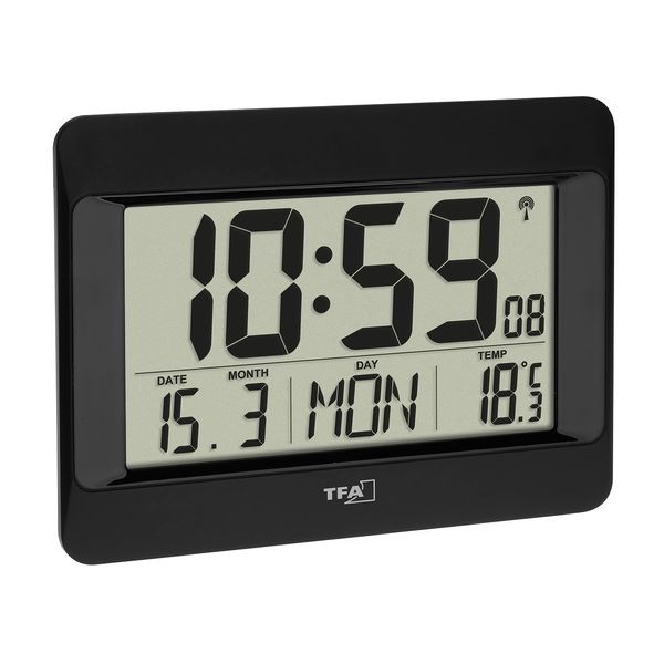 TFA Dostmann Digital Wall Clock, 60.4519.01, Radio-Controlled Clock with Indoor Temperature, Day of the Week (8 Languages), Date, Kitchen Clock, Time Zone Setting, Black, Plastic, (L) 215 x (W) 160 x