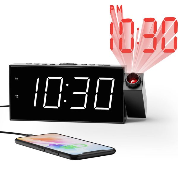 Clock, Projection, Digital Projection Clock, Kids AC Adapter Alarm Clock, Bedroom Application, Ceiling Wall Projected Digital Alarm Clock, Dual Loud Alarm Clock for Heavy Sleeper, USB Port, Easy to