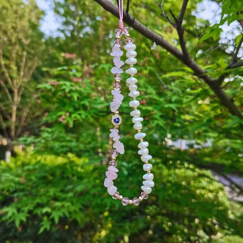DLYFNVEV Pink Phone Charm Evil Eye Pearl Beaded Phone Charms Strap Rose Quartz Healing Crystal Cell Phone Accessories Charm Phone Chain Keychain Wrist Lanyard Strap Wristlet…