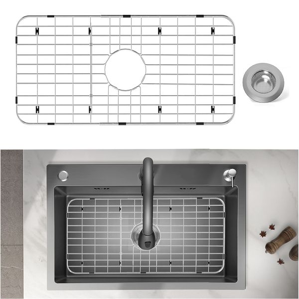 Stainless Steel Sink Protector 25-1/8" x 12-7/8" with Center Drain, Metal Sink Rack for Bottom of Sink, Kitchen Sink Grate and Sink Protectors with Sink Strainer (25-1/8" x 12-7/8" - Center Drain)